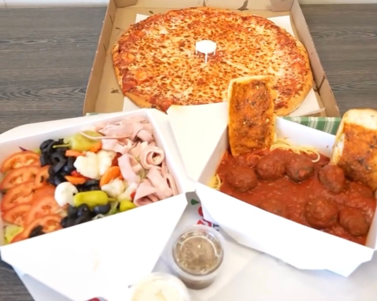 Jumbo Pizza + Bucket of Spaghetti & Meatballs + Bucket of Antipasto Salad.