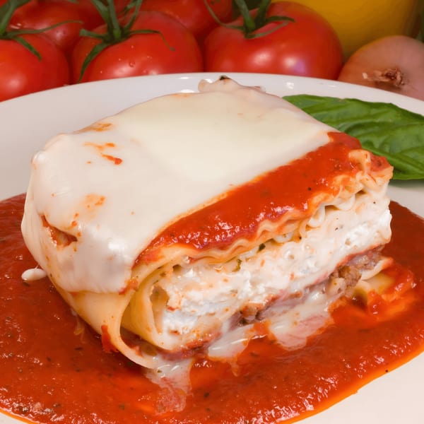 A serving of Ameci Pizza and Pasta Kitchen's lasagna with melted cheese and red sauce.