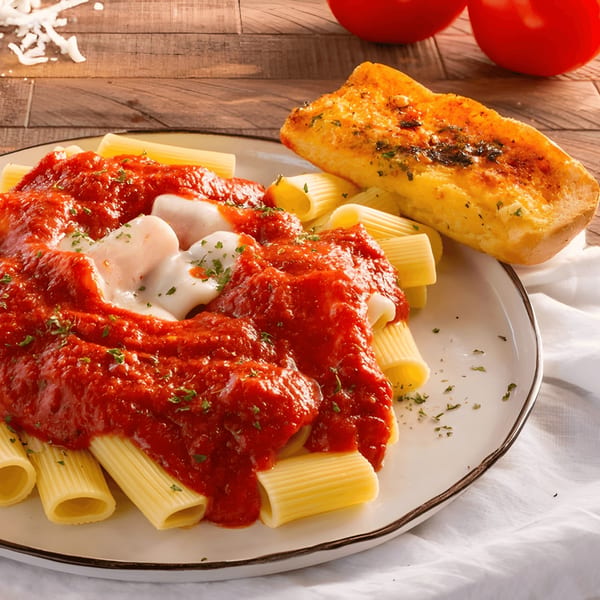Rigatoni pasta with red sauce, melted cheese, and a side of garlic bread on a white plate.