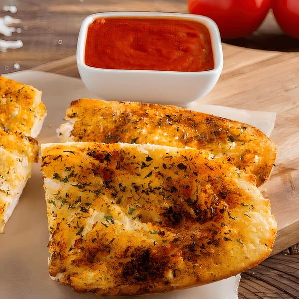 Golden-brown garlic breadsticks with herbs and spices, served with a side of red marinara sauce.