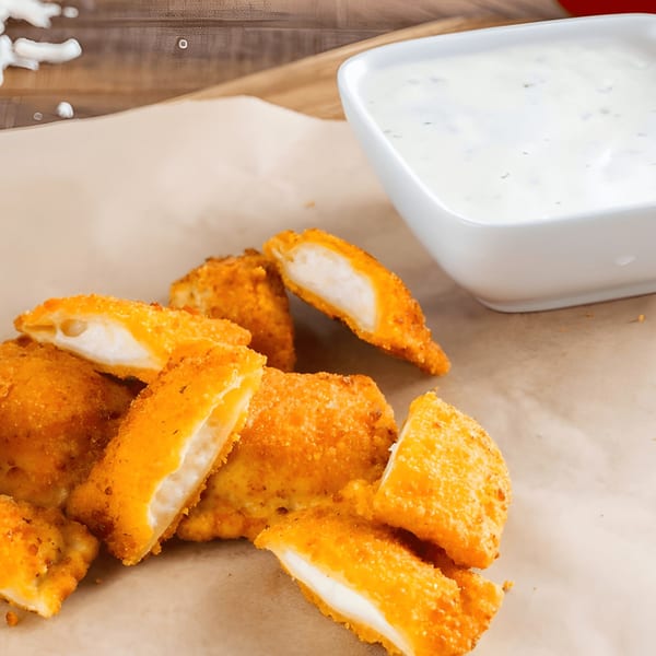 Golden-brown fried cheese sticks, some cut open to show melted cheese, with a side of ranch dip.