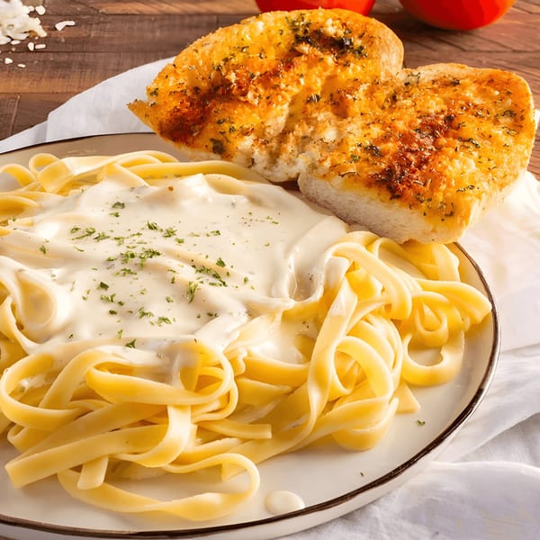 Creamy fettuccine alfredo pasta with parsley and two slices of garlic bread on a white plate.