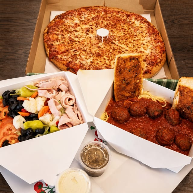 Jumbo Pizza + Bucket of Spaghetti & Meatballs + Bucket of Antipasto Salad.